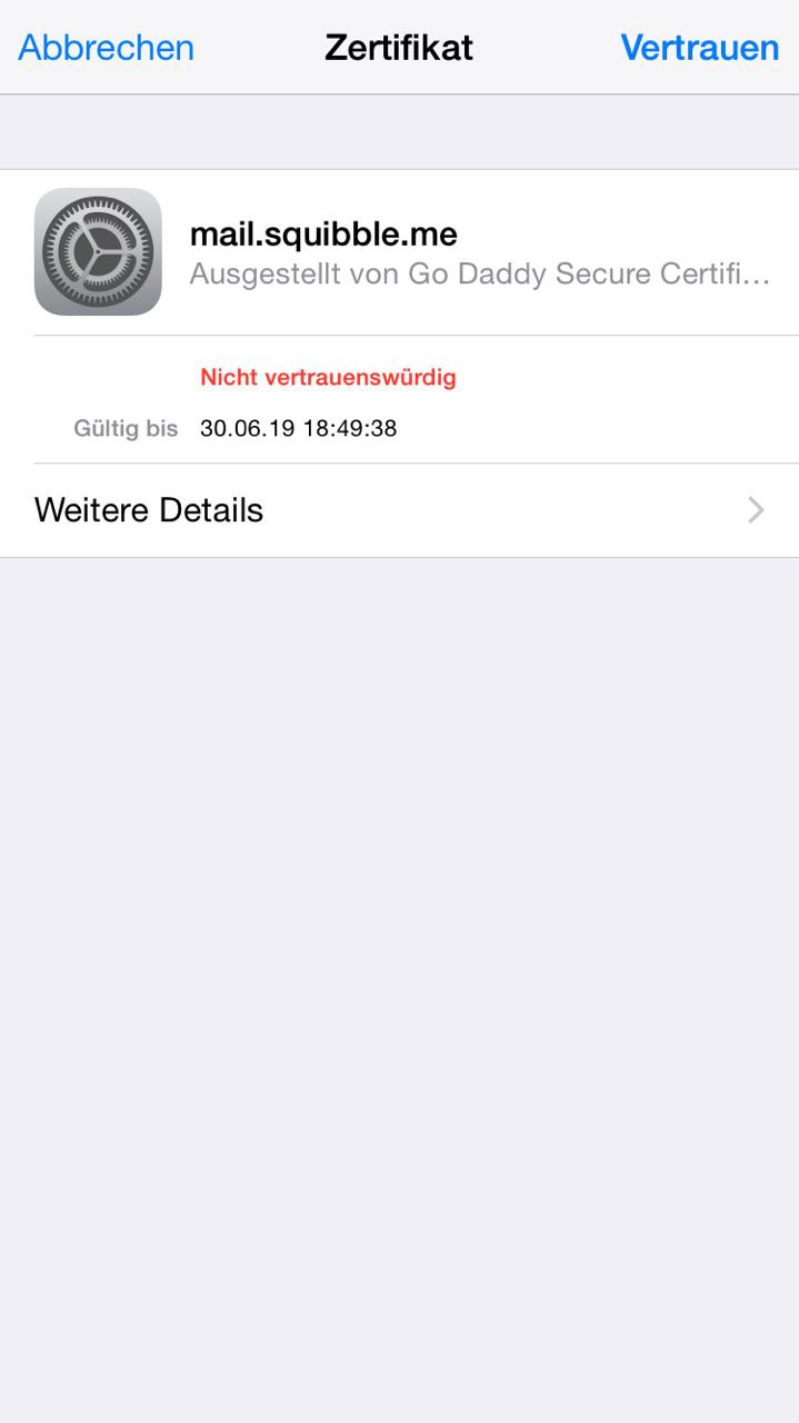 Einrichtung unter iOS - Schritt 7: Manuelle Bestätigung des SSL Zertifikats
