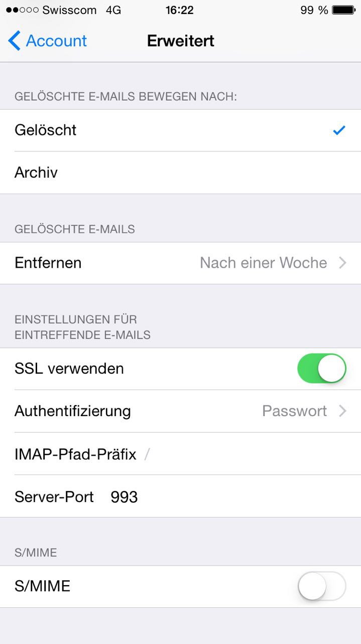 Einrichtung unter iOS - Schritt 10: SSL aktivieren und Port 993 verwendeten