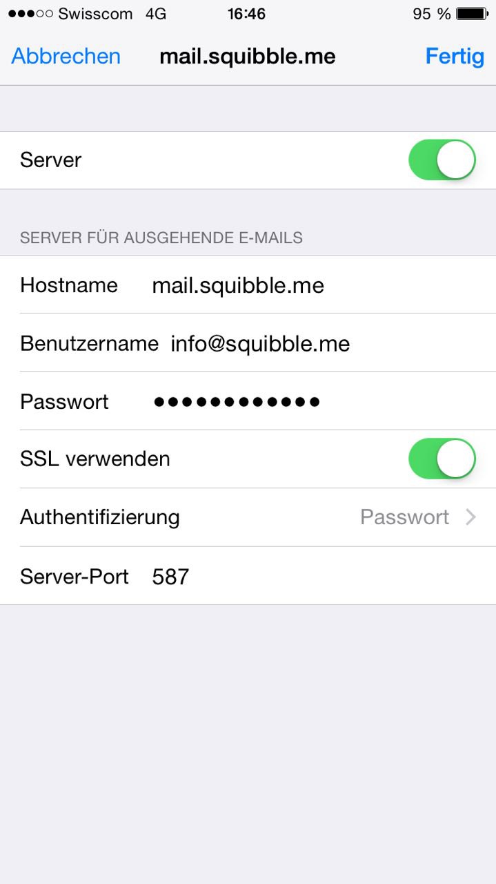 Einrichtung unter iOS - Schritt 12: Einstellungen für SMTP Server kontrollieren