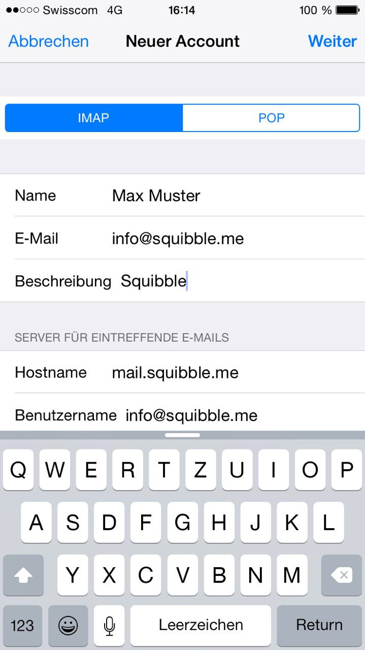 Einrichtung unter iOS - Schritt 5: Postein- und Ausgangsserver hinterlegen